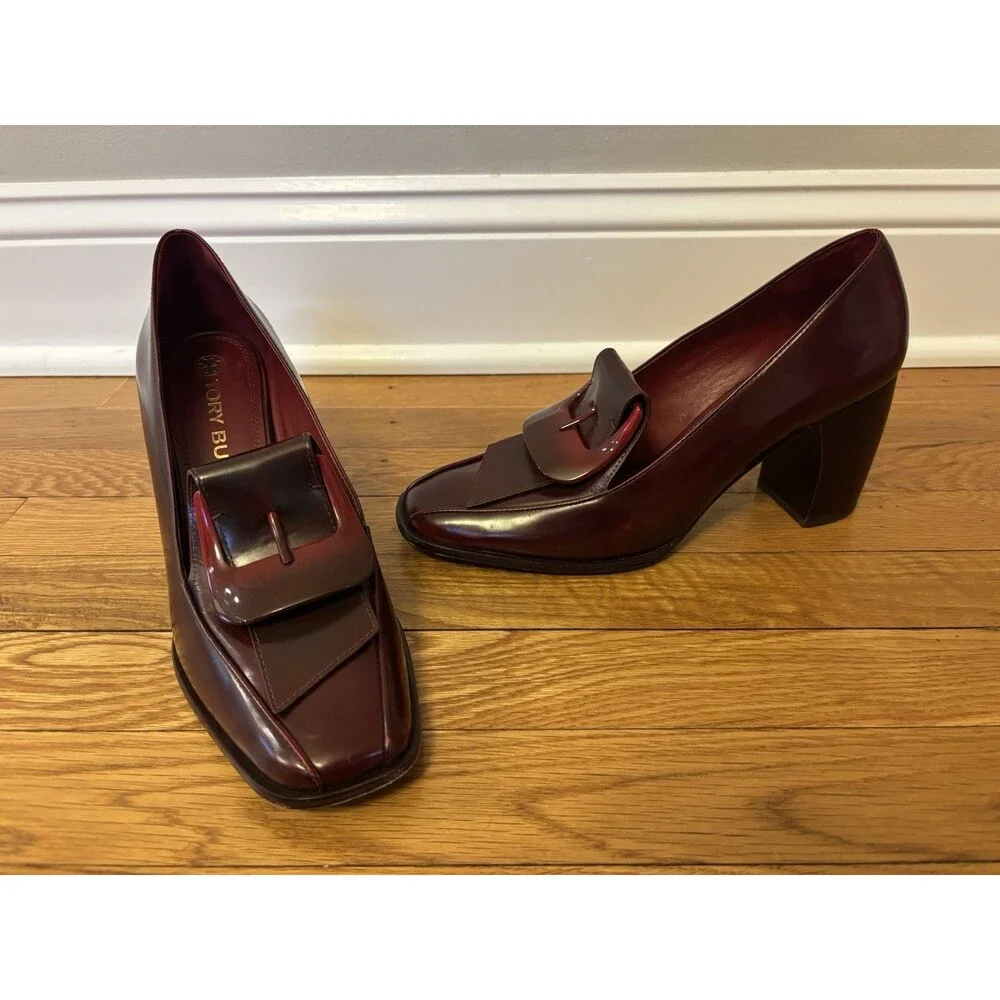 Tory Burch Burgundy Buckle Loafers Curved Block Heels Wild Berry Leather 10 - Picture 1 of 16